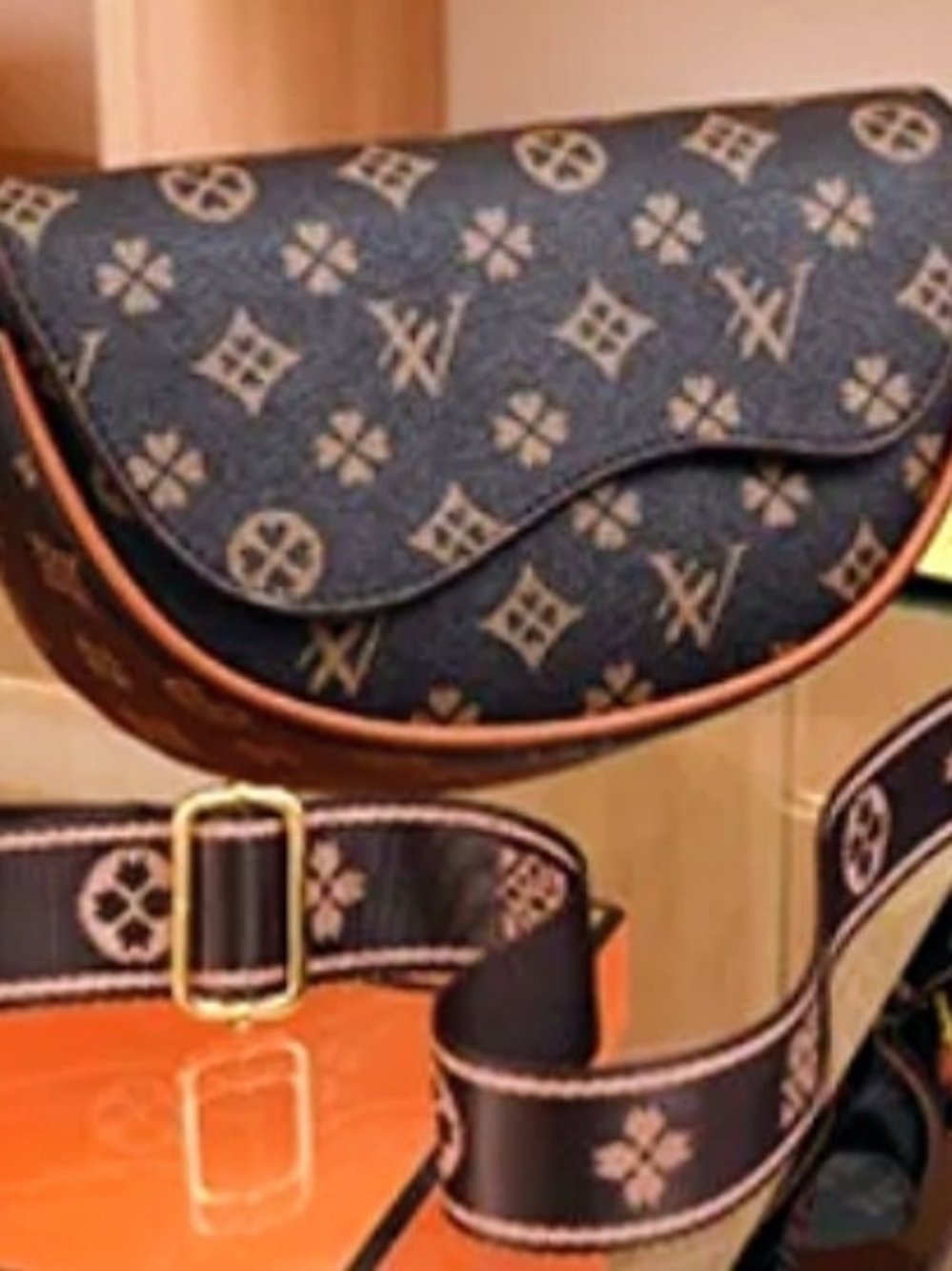 Monogram Pattern Crossbody Bag in Dark Brown